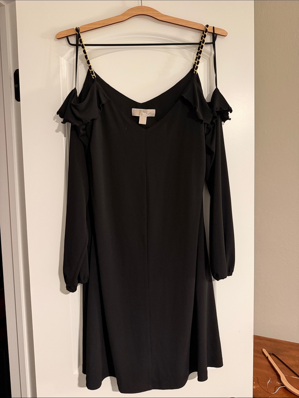 Michael Kors Black Cold-Shoulder Long-Sleeve Chain-Trim Dress